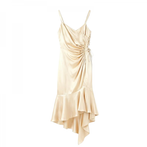 Beige Satin Spaghetti Strap Ruched Asymmetrical Midi Dress