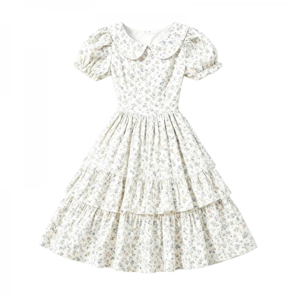 White Floral Print Peter Pan Collar Ruffled Maxi Dress