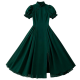 Dark Green Qipao-Style Mandarin Collar Puff Sleeve Midi Dress