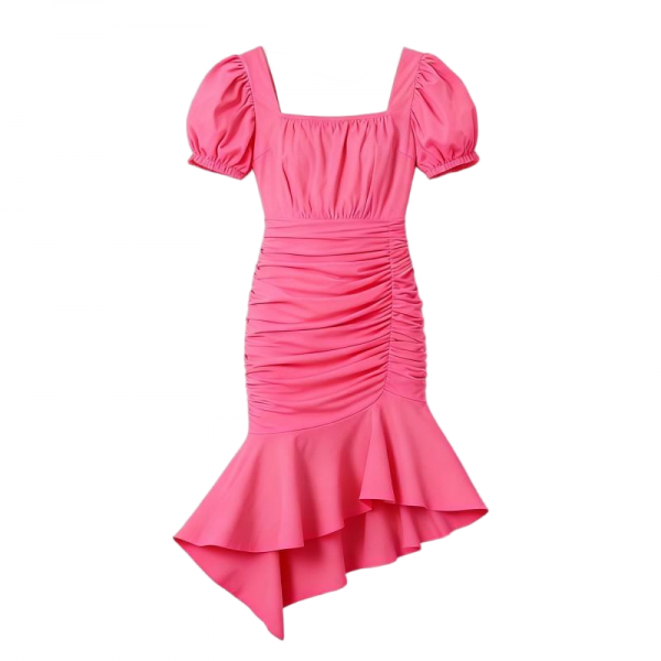 Hot Pink Square Neck Ruched Mermaid Mini Dress
