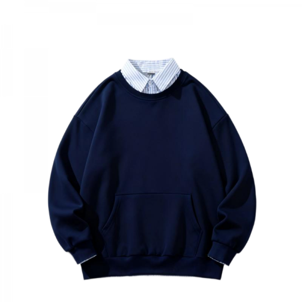 Navy Crew Neck Sweatshirt with Striped Shirt Collar & Cuff Detail