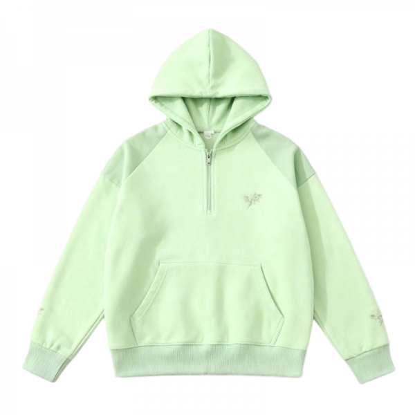 Mint Green Half-Zip Hoodie with Delicate Floral Embroidery
