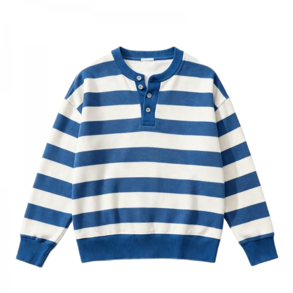 Blue & White Striped Henley Neck Oversized Sweatshirt