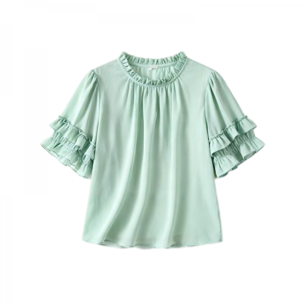 Mint Green Ruffled Mock Neck Layered Short Sleeve Blouse