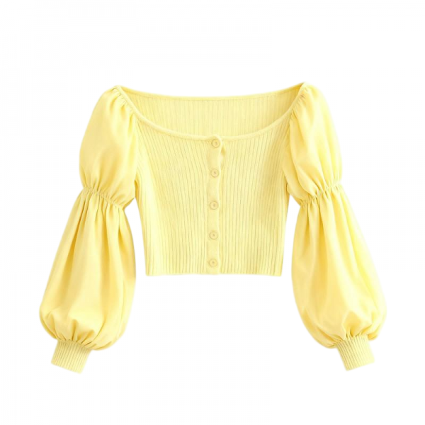 Yellow Ribbed Square Neck Puff Sleeve Crop Cardigan