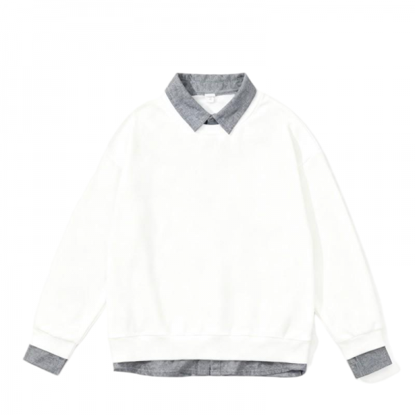 White Crew Neck Sweatshirt with Denim Collar & Hem Layer Detail