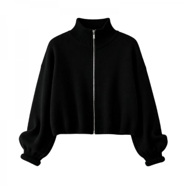 Black Turtleneck Full-Zip Puff Sleeve Cropped Cardigan