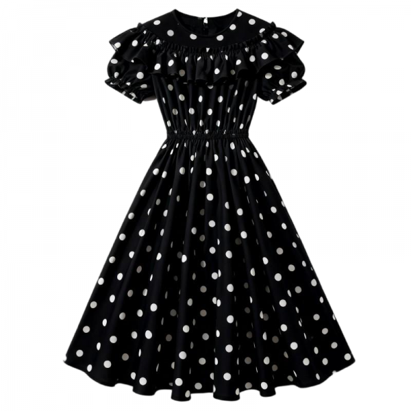 Black & White Polka Dot Off-Shoulder Ruffled Midi Dress