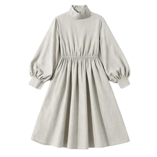 Light Gray Turtleneck Puff Sleeve Smocked Waist Mini Dress