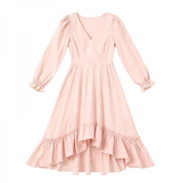 Light Pink V-Neck Long Sleeve Ruffled Midi Dress